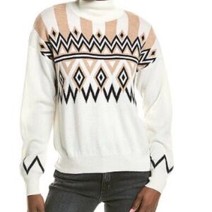 Brodie Cashmere Cream and Tan Patterned Turtleneck Sweater Fair Isle